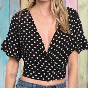 EM Black Polka Dot V-neck Back Tie Ruffle Sleeve Hem Top NWOT